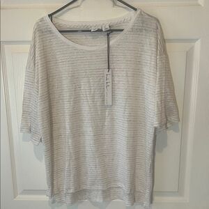 NWT Nicole Miller LINEN White‎ & Tan/Brown Striped Short Sleeve Top, Sz Large
